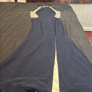 Elegant Navy Blue Gown with Gold Accents